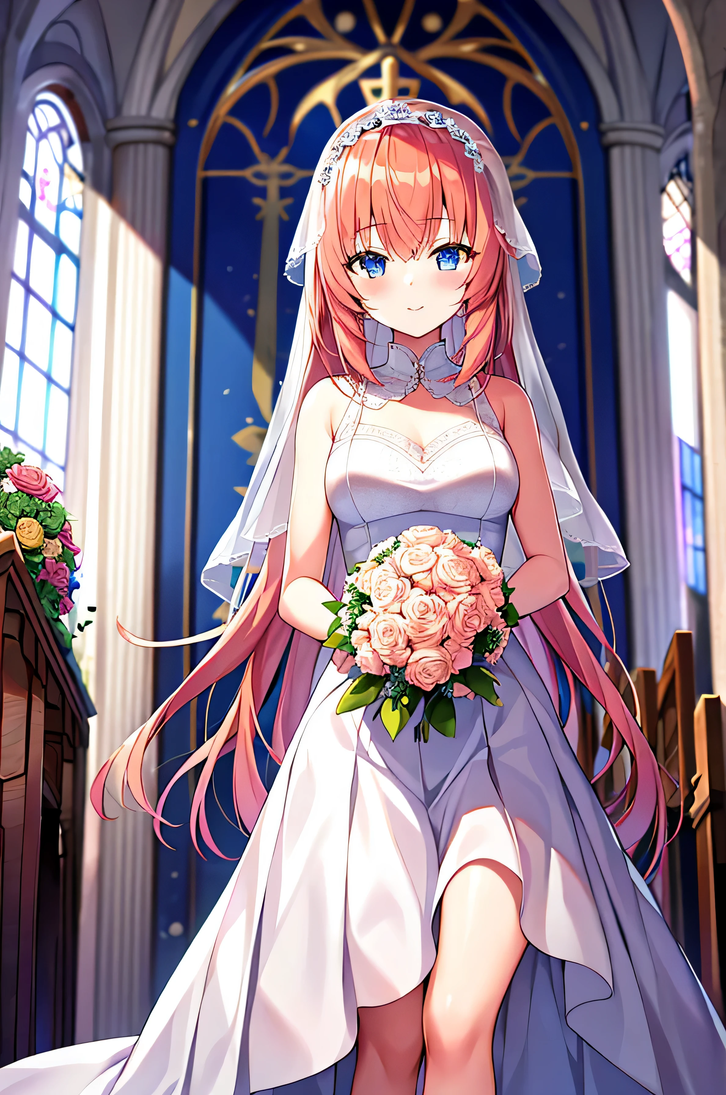 masterpiece, best quality, high resolution, nnn1, 1 girl, Headbands, long hair, wedding dress, mini skirt, wedding_veil, split, bouquet,  church, Cowboy shooting, looking at the audience,orange hair，Ichinose Fanna，