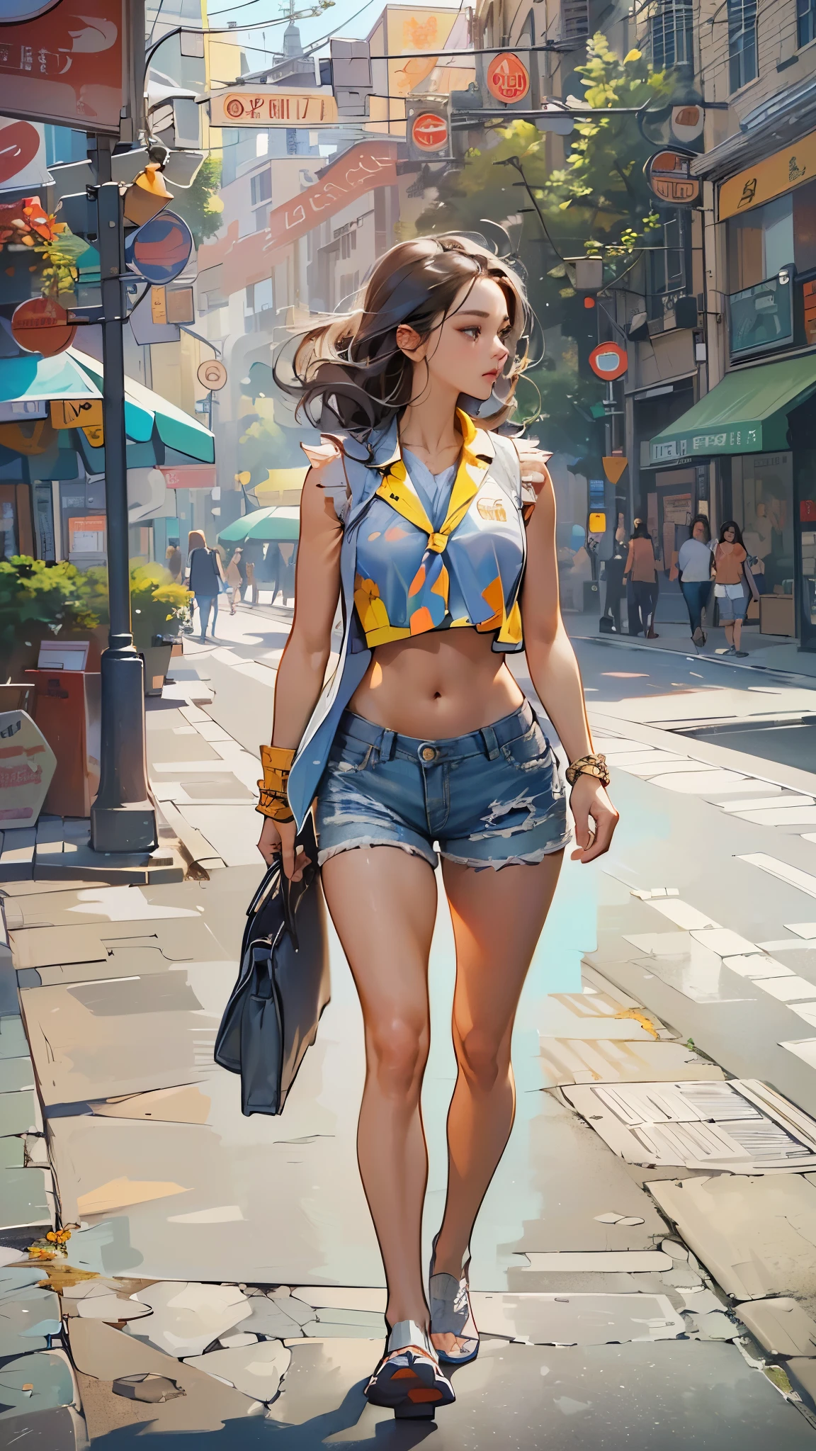 ((highest quality)),(ultra high resolution),(Super detailed),(detailed description),((best CG)),(best work of art),super precision art,amazing drawing art,(Art with precise details:1.5), (Adult woman walking on the street:1.6),(beautiful and well-shaped face:1.5),(crop top front open vest:1.6),(denim shorts:1.5),