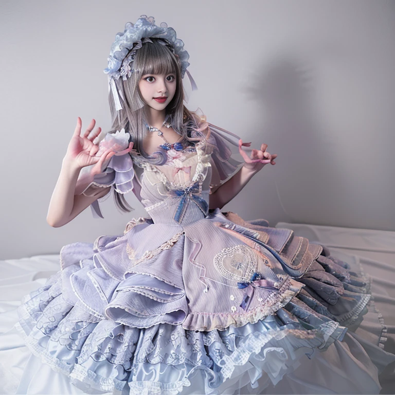 best quality, delicate face,beautiful visual work, lifelike, 2 girls, eternal, black hair, Long curly hair, blunt bangs, Smile, pink skirt, pink ta dress, layered skirt, Lolityle long skirt,分層連衣裙 lace-trimmed 裙子, decorate, lace, long sleeve, puff sleeves, wide sleeves, Transparent sleeves, hair accessories, 在flower园里, flower, Detailed background, delicate face,pink blush,White knee-length socks, Pink shoes,cold,Lots of lace,((Masterpiece))、(top quality)、8K、high detail、super detailed,21 years old female,穿着pink lolita d((dreamy atmosphere:1.1))、Seductive and whimsical style、Masterpiece、born、Scenes resembling fairy tale illustrations、Intricate details showcase the ruffles and intricate designs of the Lolita dressutifully、magic、capricious、 beautifully、Dream aesthetics、「𝓡𝓸𝓶𝓪𝓷𝓽𝓲𝓬、ethereal、charming、fickle、magic」、realism、Visual effect、FXAA、SSAO、shader、voiceless、ambient lighting、Tone mapping、High resolution、ultra high definition、megapixel、(8K resolution:1.10)、8K、Below 8K、8K resolution、high detail、intricate details, (high quality:1.2、Masterpiece:1.2、:1.21)、(21 years old female:1.21)、(興奮地Smile)、(Surrounded by the dreamy atmosphere、High heel、Model diagram,full-body shot,Knee-high 白色的 lace socks,Sweet Lolita,Normal 2 ,Pink shoes,Baotou shoes,silver crown tiara,Don't show your fingers,lolita cake dress,Thnd layer skirt,Every layer has lace,The skirt has a hem,cold,big breasts,hands on hips,Wide cuffs cover hands,2 girls