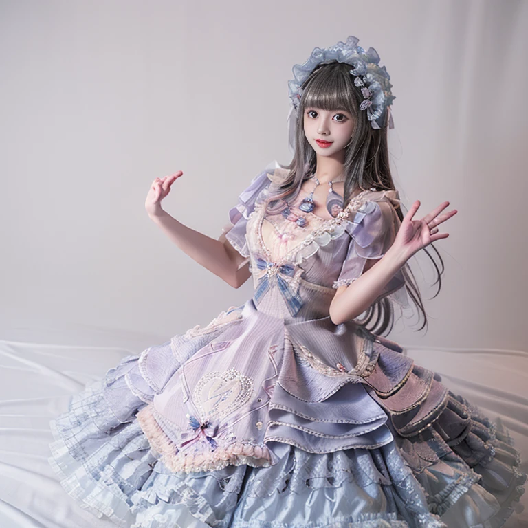 best quality, delicate face，beautiful visual work, lifelike, 2 girls, eternal, black hair, Long curly hair, blunt bangs, Smile, pink skirt, pink lolita dress, layered skirt, Lolita style long skirt,分層連衣裙 lace-trimmed 裙子, decorate, lace, long sleeve, puff sleeves, wide sleeves, Transparent sleeves, hair accessories, 在flower园里, flower, Detailed background,  delicate face，pink blush，White knee-length socks, Pink shoes，cold，Lots of lace，((​Masterpiece))、(top quality)、8K、high detail、super detailed，21 years old female，穿着pink lolita dress((dreamy atmosphere:1.1))、Seductive and whimsical style、​Masterpiece、born、Scenes resembling fairy tale illustrations、Intricate details showcase the ruffles and intricate designs of the Lolita dress、beautifully、magic、capricious、 beautifully、Dream aesthetics、「𝓡𝓸𝓶𝓪𝓷𝓽𝓲𝓬、ethereal、charming、fickle、magic」、realism、Visual effect、FXAA、SSAO、shader、voiceless、ambient lighting、Tone mapping、High resolution、ultra high definition、megapixel、(8K resolution:1.10)、8K、Below 8K、8K resolution、high detail、intricate details， (high quality:1.2、​Masterpiece:1.2、:1.21)、(21 years old female:1.21)、(興奮地Smile)、(Surrounded by the dreamy atmosphere、High heel、Model diagram，full-body shot，Knee-high 白色的 lace socks,Sweet Lolita，Normal 2 feet，Pink shoes，Baotou shoes，silver crown tiara，Don't show your fingers，lolita cake dress，Thousand layer skirt，Every layer has lace，The skirt has a hem，cold，big breasts，hands on hips，Wide cuffs cover hands，2 girls