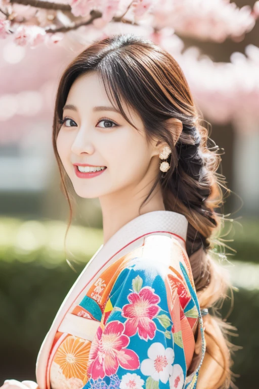 1 beautiful Japan model, 18-year-old female model, 4K、An ultra-high picture quality、bangss、A dark-haired、Kyo-Yuzen、colourful Kimono、park background, sakura flower falling down、(Super cute face in idol style:1.4)、slim and beautiful figure、beutiful breast、A smile、full body Esbian:1.2、colourfull、Vivid, looking back,