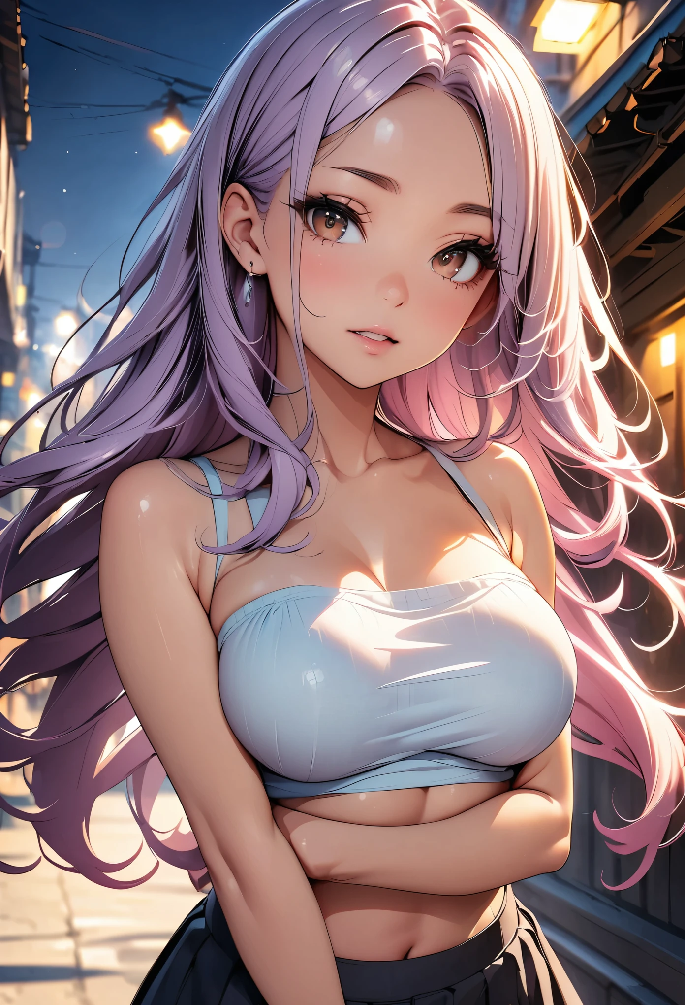 (highest quality, 8k, 4k, High resolution, masterpiece:1.2), Super detailed, beautiful illustrations, Bright colors, Lens flare, natural light, one person, woman, beautiful face details, beautiful eyes, long eyelashes, soft lips, (small face), (light purple hair, long hair, brown eyes), perfect face, shiny skin, (beautiful breasts), open your mouth and laugh:1.2, (Tube Top Dress:1.2, pastel colour), (gaze looking at the viewer, cowboy shot), roof of the building, The lights of the city spread out below, Light and shadow with attention to detail, background bokeh.