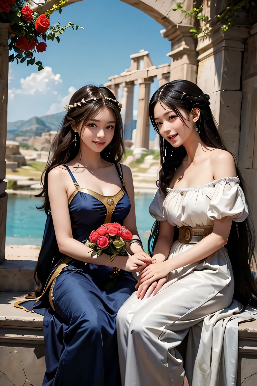 Eroticな二人の女神、Palutena Palutena / Hikari Shinwa Palutena no Kagami (??? Icarus)masterpiece, Highest quality, High resolution, hmpa1, pink, Parted bangs, tiara, Big Tits, necklace, Exposing shoulders, Strapless Dress, Arm guard, belt, White Dress, White knee socks, Single knee socks, Outdoor, holding staff, staff, Hold a shield,Erotic、Alluring、Two smiling goddesses、Kissing Face、Chest pressed together