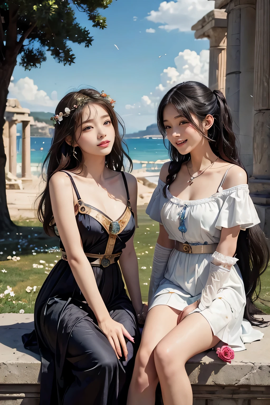 8K Raw photograph,2girls,duo,{2 beautiful women}, best qualtiy,Masterpiece, 超高分辨率,filmgrain,cinematic ligh,looking at viewert,Natural skin texture,Realistic Eyes and Face Details,((Realistic:1.5)),Ulzzang-6500:1.4,((Best quality)), ((Masterpiece)),((Detailed)),(Upper body:1.3),Hug and touch each other, Tease your friend's waist, Breathless friends, Biting a friend's earlobe, crouched,super wide shot,Face focus, Long legs,Curvy, Barefoot,Wide hips, Thin legs, Oversized eyes,Long eyelashes, (Detailed face,beautidful eyes, detailedpupils,detailed clothes features, Clear background:1.3), (armlets, bangle:1.3), Mysterious ancient ruins, floresta exuberante, Deep canyon,bridge,River,cliff,Cloud,lakes,Rock music,Waterfalls, Flowers, Grass,grape trees,tree,bright detail,Sharp,Perfect compounding, Intricate, Sharp focus, Dramatic,