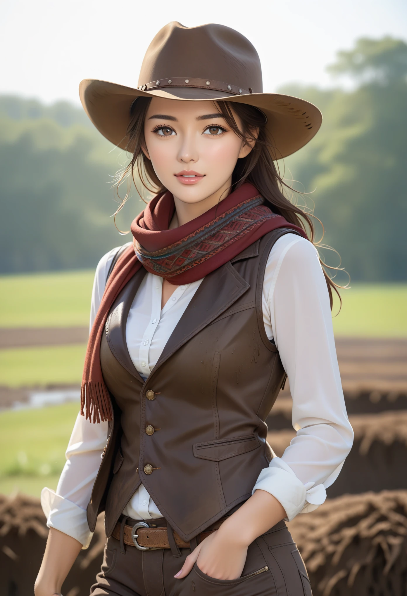 Muddy farm beauty portrait:1.2 , Cowboy hat, fringed vest , Pants, scarf , confidence , Medium chest,