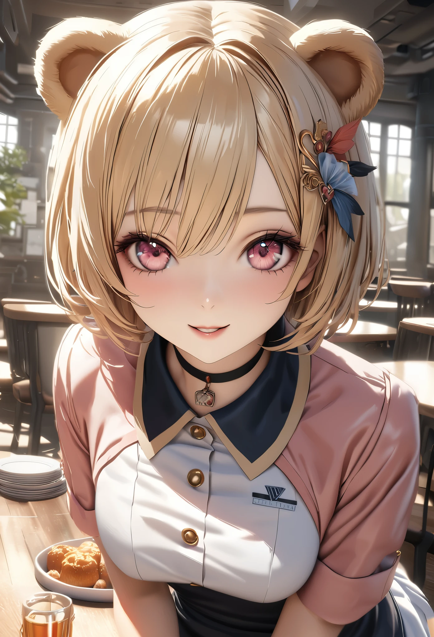 highest quality, highest quality, Super detailed, high resolution, High resolution, HDR, 4k, 8K, unity 8K wallpaper, Detailed CG, masterpiece, realistic, photorealistic, 2D, 3D, beautiful details, depth, fine texture , super fine: 1.3, Fully focused, Crispy.skin, .he, A very cute anime girl with blonde short hair in a stewardess outfit, he女の名前はクレアです,smile, one girl, alone, blonde short hair, animal ears, a mole under her eyes, looking at the viewer, Waitress costumes , blush, mole, bear ears, parted lips, hair ornaments, heart , pink eyes, choker