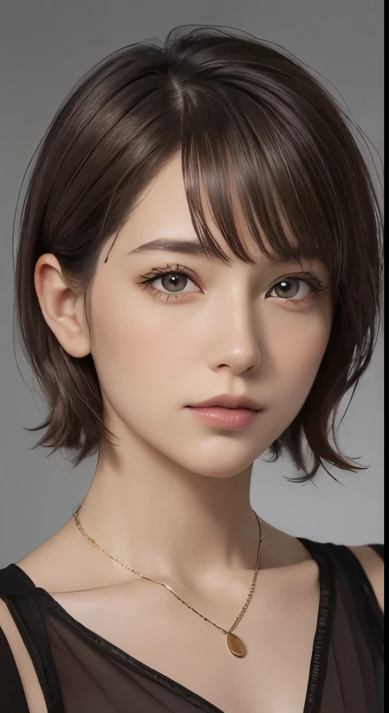 (representative work:1.4)、(8K、realistic、RAW photo、Highest image quality:1.4)、(30 year old mature woman)、beautiful face、(realisticな顔)、(dark brown hair、short hair:1.3)、beautiful hairstyle、realistic eyes、Detailed and beautiful eyes、(realisticな肌)、beautiful skin、wearing a pendant、charm、超High resolution、surreal、High resolution、golden ratio、gray background