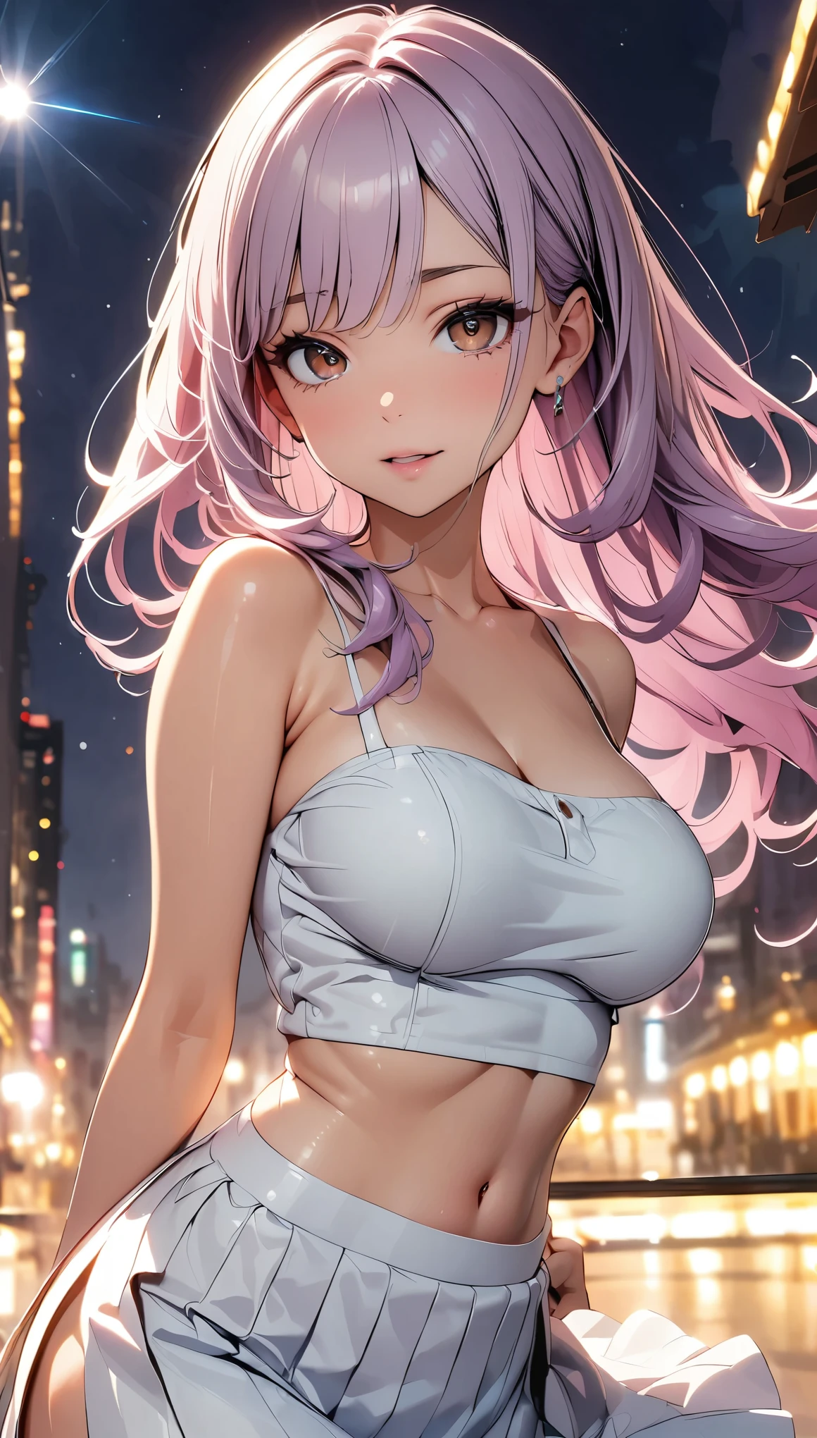 (highest quality, 8k, 4k, High resolution, masterpiece:1.2), Super detailed, beautiful illustrations, Bright colors, Lens flare, natural light, one person, woman, beautiful face details, beautiful eyes, long eyelashes, soft lips, (small face), (light purple hair, long hair, brown eyes), perfect face, shiny skin, (beautiful breasts), open your mouth and laugh:1.2, (Tube Top Dress:1.2, pastel colour), (gaze looking at the viewer, cowboy shot), roof of the building, The lights of the city spread out below, Light and shadow with attention to detail, background bokeh.