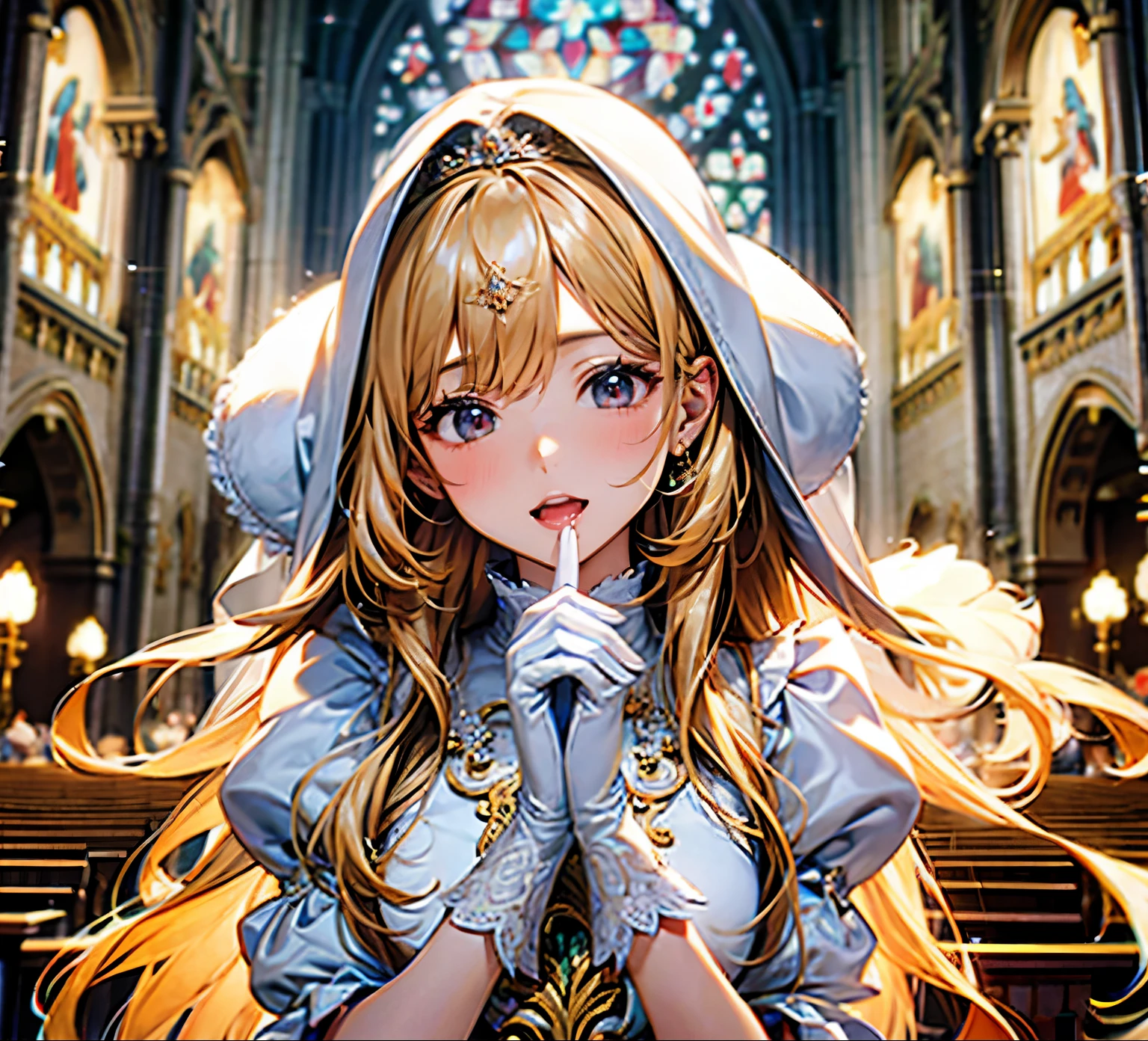 In front of the altar of a majestic church、（blurred background）、brighter light、golden long hair girl、classic white wedding dress、（elegant luster）、（lots of races）、lots of ribbons、((voluminous puff sleeves))、long cuffs with many buttons、golden embroidery、long train、White embroidered gloves、five fingers、laughter、redness of cheeks