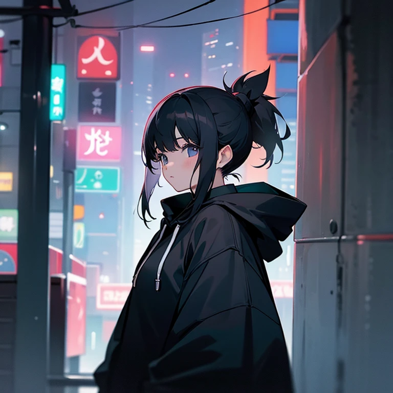 black hair、girl、ponytail、City of night、hoodie