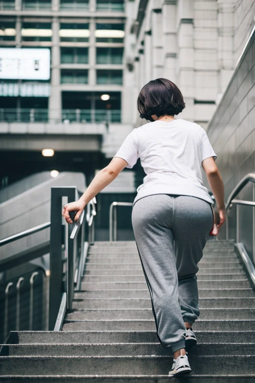There's a woman wearing grey sweatpants.,white t-shirt, view from behind、top quality、realistic、short hair、Climbing the stairs at Tokyo Station、walking、smaller butt