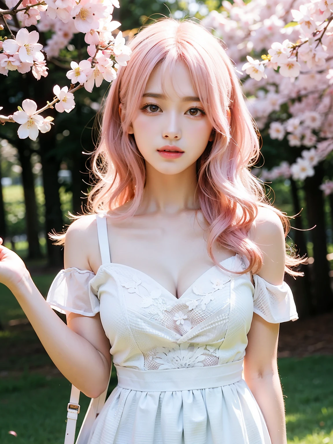 light pink hair, pink eyes, pink and white, cherry blossom leaves, Bright colors, white dress, paint splashes, simple background, ray tracing, wavy hair