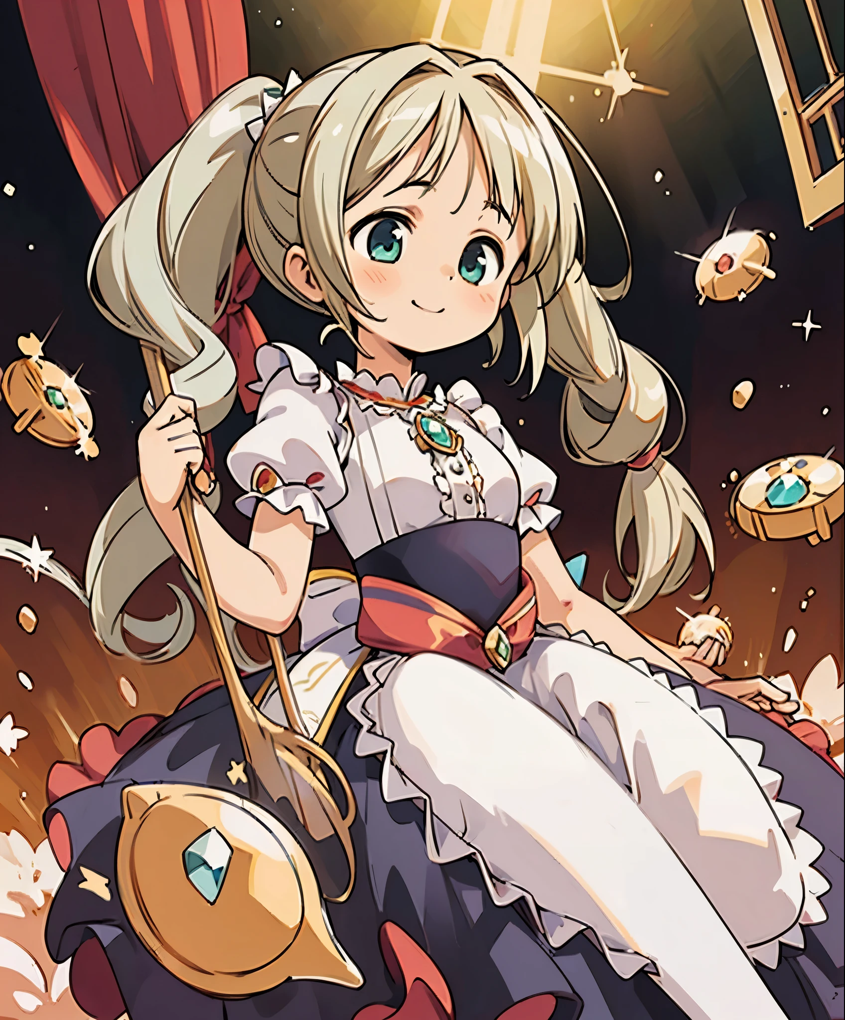(masterpiece、highest quality、highest quality、official art、beautiful beautiful:1.2)、(1 girl:1.3)Hatsune Miku、twin tails,big breast dramatic composition, court style dress up, royal, nice, カスケードfrills, frills, bow, crystal chandelier, roman style curly hairstyle, to place, double ponytail like a drill, look at the camera, bangs, maximalism, palace background, Delicate depiction of hair and eyes, princess dress, nice skirts, flowers in hand, smile, starry eyes, cinematic light, extreme details, High resolution, happy girl, very long hair, diamond, broken diamond, junction chip, particles of light