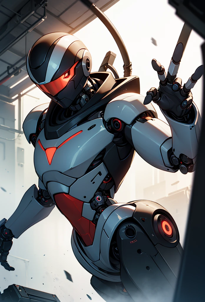 photo realistic,(a black robot commander),((monoeye robot)),only one eye,monoeye robot,black suit,cybernetically enhanced,modified body,big shotgun,tatoos, cyberware,in abandoned factory,intricate details, depth of field,beautiful lighting, volumetric lighting, dynamic angle, (photographic portrait), sharp,