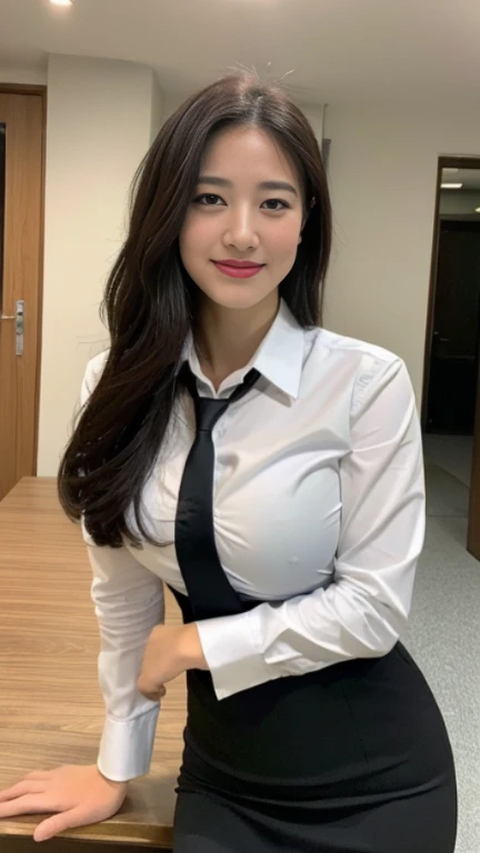 ((highest quality, 8K, masterpiece, portrait: 1.3)), (looking at the viewer), (full shot:0.85), attractive business mature woman, 1 person, a little chubby:0.35, white collared shirt, gray skirt,((big breasts 1.6)) (big pelvis:0.3), (officeの机にあぐらをかいて座っている)), smile:0.2, president&#39;office,good posture、