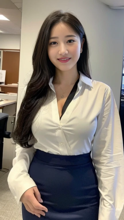 ((highest quality, 8K, masterpiece, portrait: 1.3)), (looking at the viewer), (full shot:0.85), attractive business mature woman, 1 person, a little chubby:0.35, white collared shirt, gray skirt,((big breasts 1.6)) (big pelvis:0.3), (officeの机にあぐらをかいて座っている)), smile:0.2, president&#39;office,good posture、