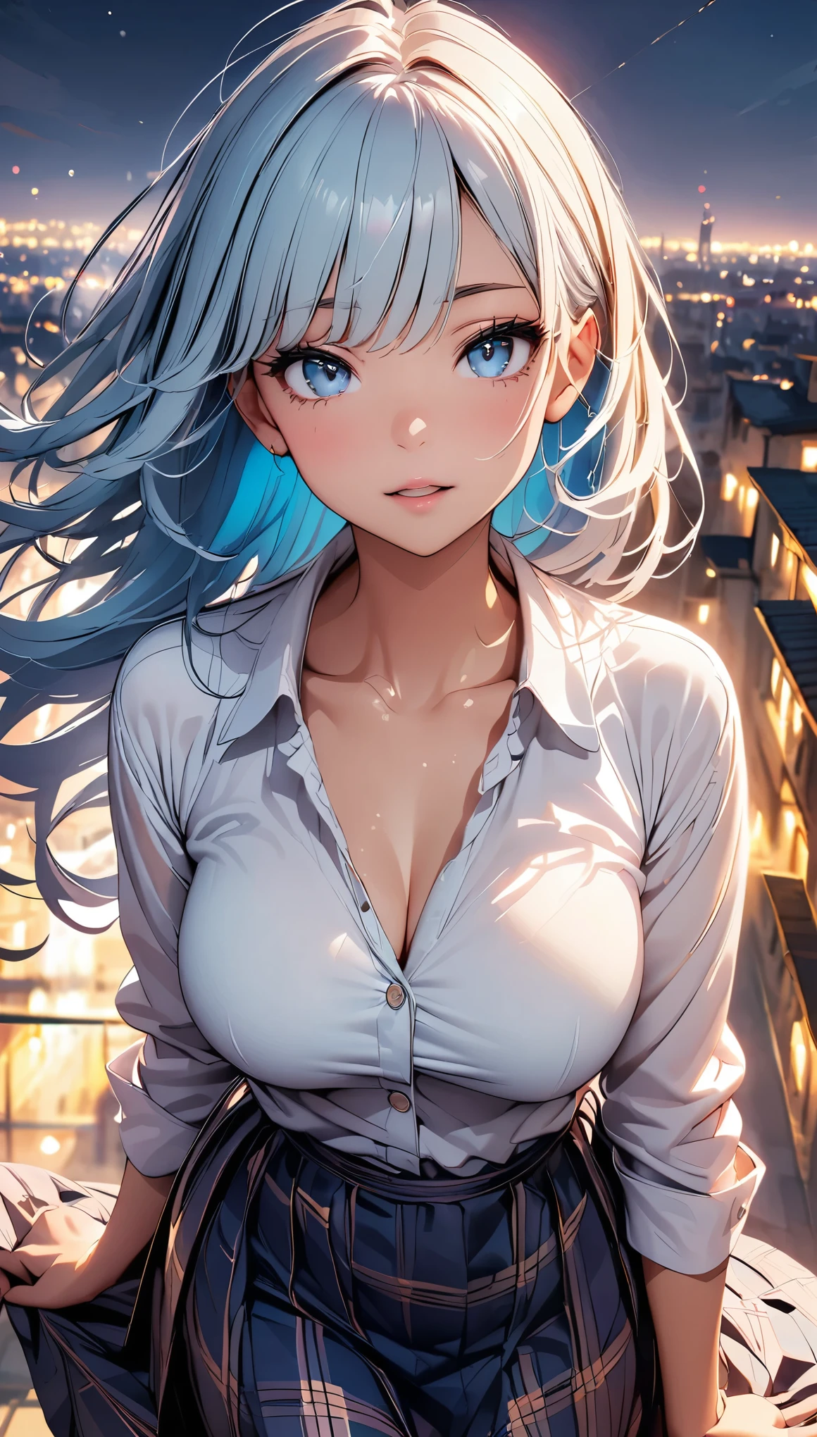 (highest quality, 8k, 4k, High resolution, masterpiece:1.2), Super detailed, beautiful illustrations, Bright colors, Lens flare, natural light, one person, woman, beautiful face details, beautiful eyes, long eyelashes, soft lips, (small face), (light blue hair, long hair, light blue eyes), perfect face, shiny skin, (beautiful breasts), open your mouth and laugh:1.2, (plaid dress:1.2, Neat), (gaze looking at the viewer, cowboy shot), roof of the building, The lights of the city spread out below, Light and shadow with attention to detail, background bokeh.