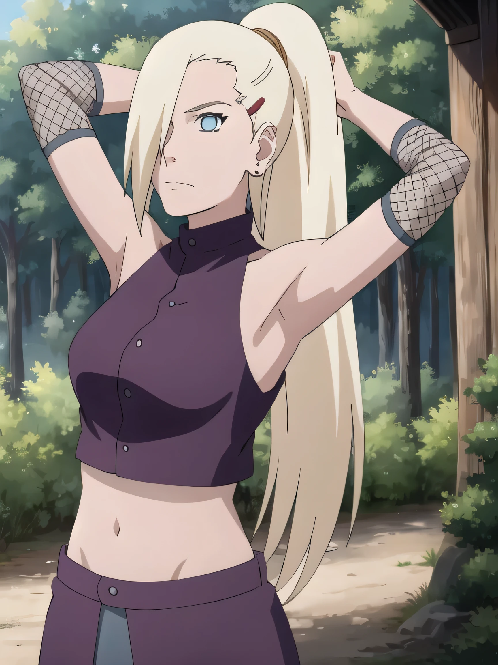 1girl, solo, blue eyes, ponytail, hair over one eye, hairclip, earrings, looking at viewer, long hair, blonde hair, outdoors, forest, closed mouth, sleeveless shirt, bare shoulders, ninja, upper body, midriff, navel, fishnets, arms up, armpits, showing armpits, masterpiece, by masashi kishimoto