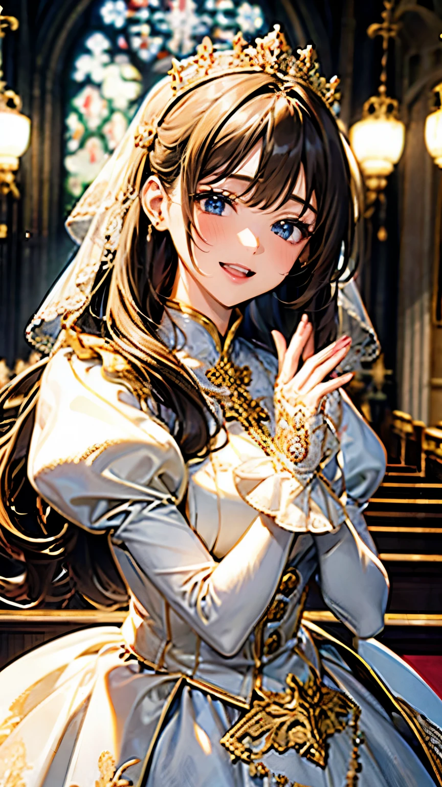 In front of the altar of a majestic church、(blurred background)、brighter light、golden long hair girl、classic white wedding dress、(elegant luster)、(lots of races)、lots of ribbons、((voluminous puff sleeves))、long cuffs with many buttons、golden embroidery、long train、White embroidered gloves、five fingers、laughter、redness of cheeks