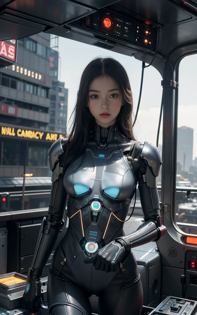Best quality, delicate face, 20 year old beautiful girl, slim body, mechanical body, robot body, wires, cables, meters, cockpit, standing and maneuvering, over the city, there is a huge alien spaceship floating in the air, cyberpunk, sci-fi