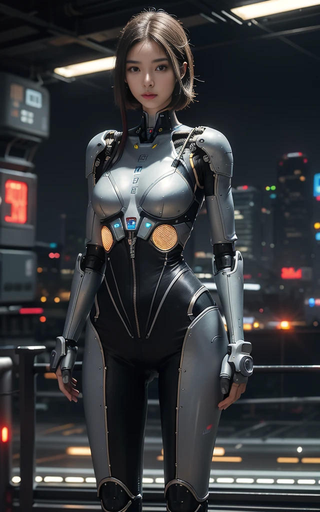 Best quality, delicate face, 20 year old beautiful girl, slim body, mechanical body, robot body, wires, cables, meters, cockpit, standing and maneuvering, over the city, there is a huge alien spaceship floating in the air, cyberpunk, sci-fi