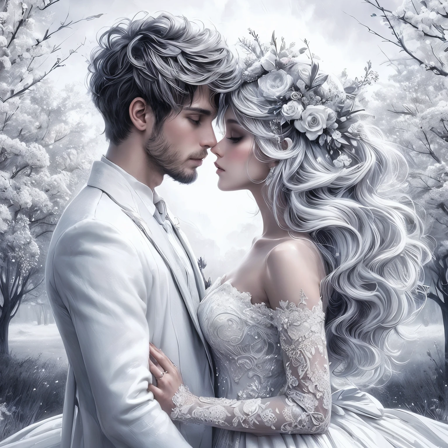 a close up of a couple in a wedding dress standing next to each other, lovely couple, beautiful digital art, black and white coloring, beautiful digital artwork, digital art picture, romantic couple, gorgeous digital art, beautiful gorgeous digital art, elegant digital painting, romanticism art style, very beautiful digital art, exquisite digital illustration, beautiful art, very beautiful fantasy art
