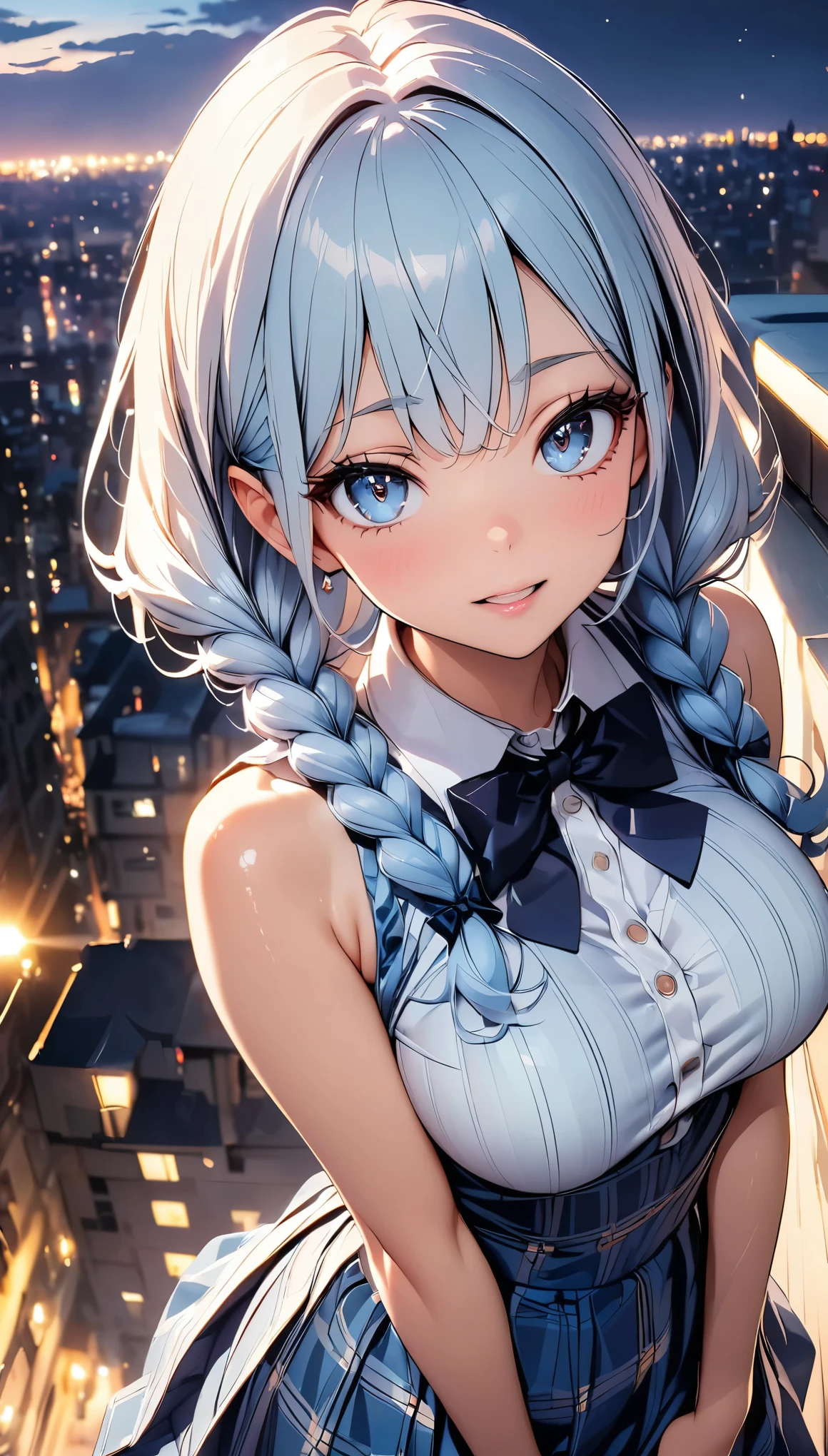 (highest quality, 8k, 4k, High resolution, masterpiece:1.2), Super detailed, beautiful illustrations, Bright colors, Lens flare, natural light, one person, woman, beautiful face details, beautiful eyes, long eyelashes, soft lips, (small face), (light blue hair, fluffy braids, light blue eyes), perfect face, shiny skin, (beautiful breasts), open your mouth and laugh:1.2, (plaid dress:1.2, Neat), (gaze looking at the viewer, cowboy shot), roof of the building, The lights of the city spread out below, Light and shadow with attention to detail, background bokeh.