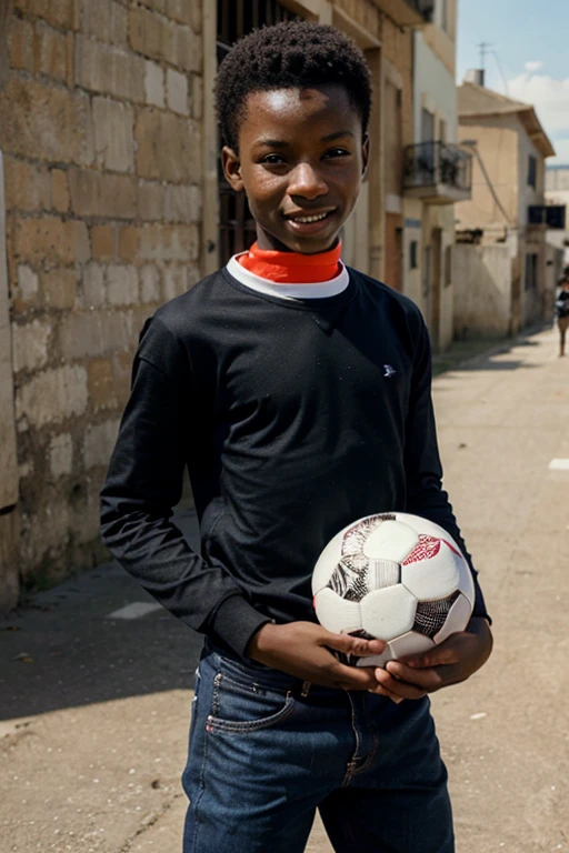 Ultra realistic young black boy, 13 ans, torse nu, pantalon court, souriant, jouant au football, avec un ballon de footballdans la rue en afrique