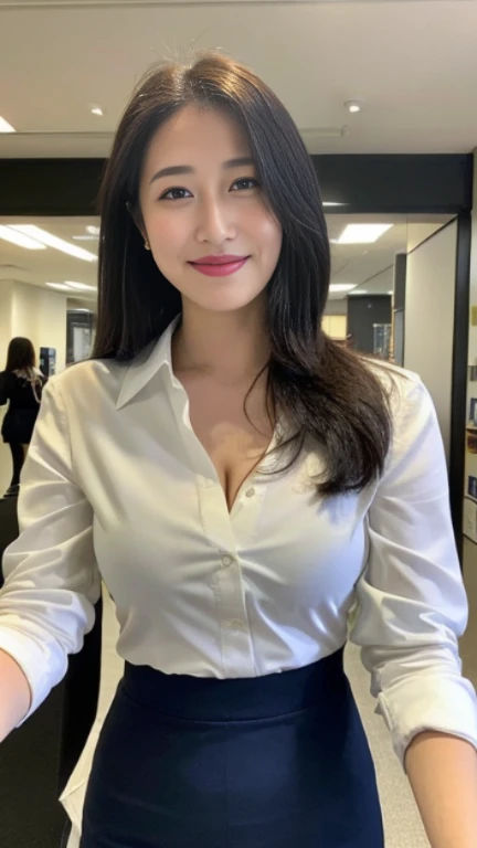 ((highest quality, 8K, masterpiece, portrait: 1.3)), (looking at the viewer), (full shot:0.85), attractive business mature woman, 1 person, a little chubby:0.35, white collared shirt, gray skirt,((big breasts 1.6)) (big pelvis:0.3), (officeの机にあぐらをかいて座っている)), smile:0.2, president&#39;office,good posture、