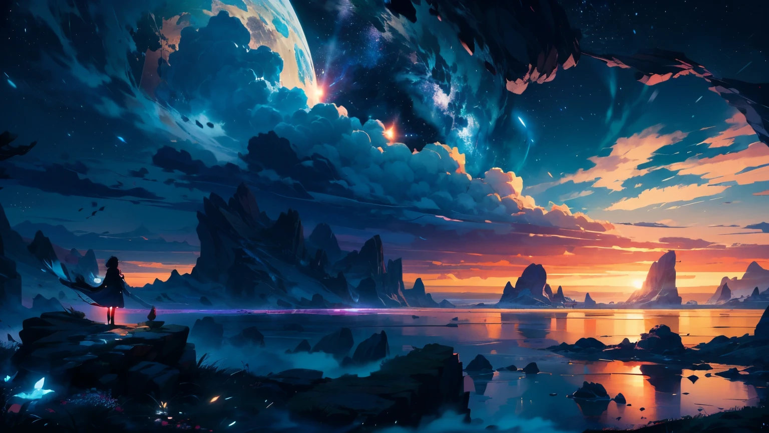 Step into a world of enchantment and splendor, where reality merges seamlessly with dreams. Picture an awe-inspiring vista - a boundless sea of stars, twinkling with ethereal brilliance above a vast expanse of billowy clouds. In the foreground, a young girl stands gracefully upon a cloud, her silhouette delicately outlined against the celestial canvas.
Observe her stance, her gaze lifted in rapt admiration towards the twinkling heavens, capturing her profound sense of wonder and reverence. Embrace the emotions stirred by this scene - a tapestry woven with awe, curiosity, and an intimate connection to the vastness of the cosmos.
Contemplate the significance of this moment for the girl - is she pondering her place in the universe, seeking solace amidst the celestial symphony, or perhaps embarking on a celestial odyssey of her own?
Craft a narrative or evoke an ambiance, weaving evocative language to highlight the surreal and ethereal essence of the scene. Delve into the interplay between the tangible and intangible - the solidity of the cloud beneath her, juxtaposed with the infinite expanse of stars above. Enrich the tableau with the whispers of nature: the gentle caress of the breeze, the distant echo of birdsong, or the subtle scent of flowers carried on the wind. Let nature's embrace envelop the scene, infusing it with a sense of tranquility and harmony amidst the cosmic spectacle.