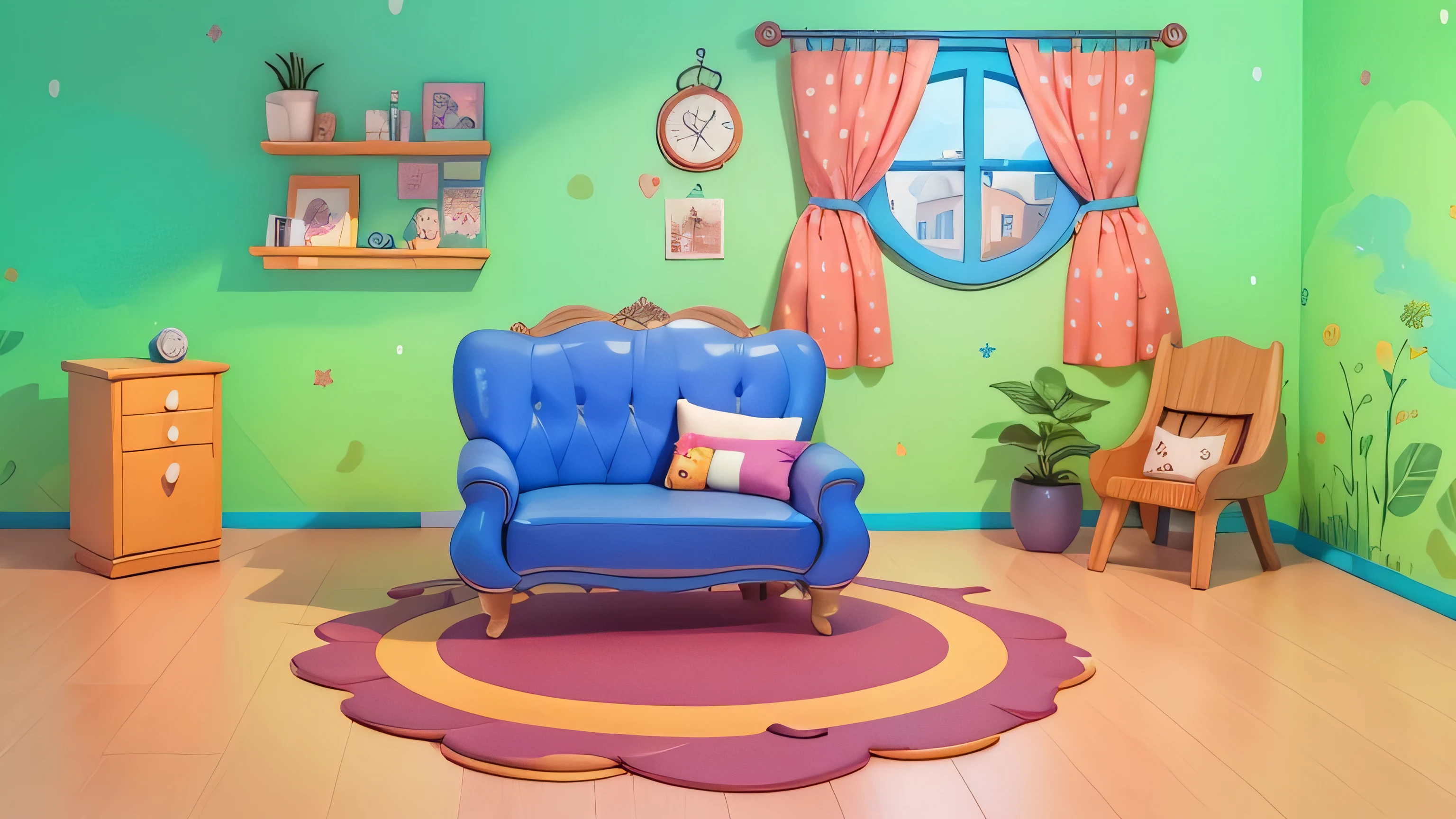 cartoon illustration of a colorful living room with a blue chair, cozy home background, in a candy land style house, cozy living room background, interior background art, cozy place, living room background, 3 d stylize scene, cute cartoon style, stylized digital illustration, cozy room, cozy environment, personal room background, cartoon style illustration, style of inside game, game illustration