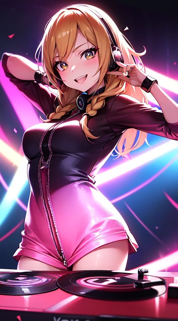 anime girl,short mini red jumpsuit, unzip to belly, headphones,DJ turntable set,club lighting,stage,confetti,dancing,smiling,putting records on turntable,(best quality:1.2),(ultra-detailed:1.2),(realistic:1.37),HDR,vivid colors,portraits,shorts,headphone girl,energetic pose,colorful lights,stage set,confetti raining,joyful expression,playing vinyl records,turntable setup,anime style, atmosphere,techno music,electronic dance music,festival vibes,hip hop beats,festival outfit,energetic dance moves,expressive eyes,long braided hairstyle with vibrant blonde color, brown eyes, elaborate makeup neon lights,beaming smile,positive vibes,high-energy performance,stylized backgrounds,colorful visuals,excitement in the air, back turned