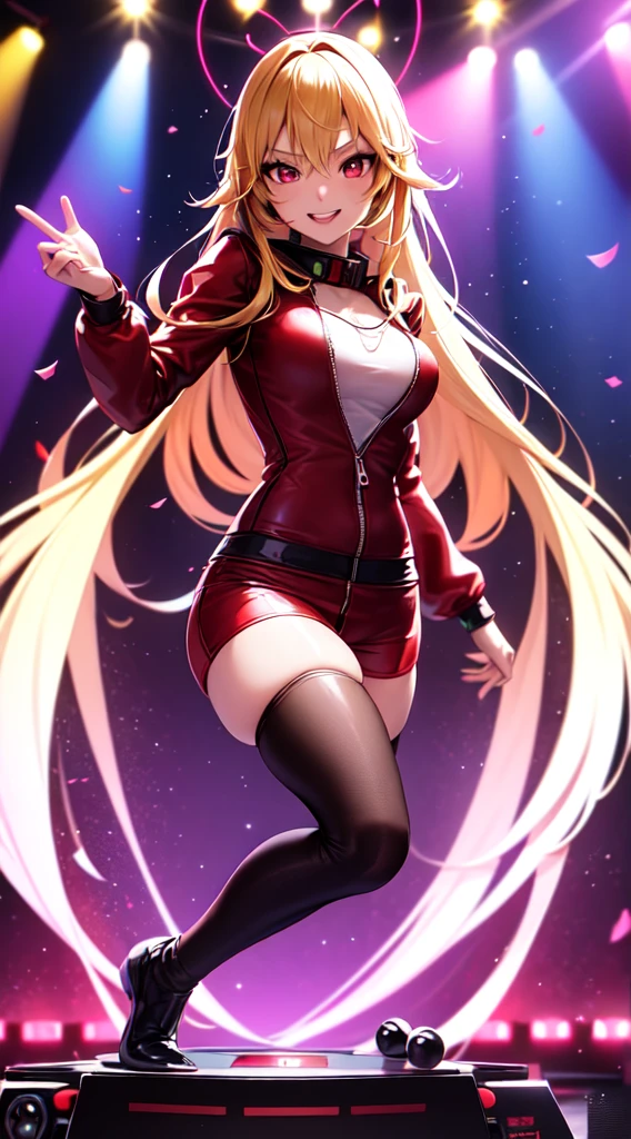anime girl,short mini red jumpsuit, unzip to belly, headphones,DJ turntable set,club lighting,stage,confetti,dancing,smiling,putting records on turntable,(best quality:1.2),(ultra-detailed:1.2),(realistic:1.37),HDR,vivid colors,portraits,shorts,headphone girl,energetic pose,colorful lights,stage set,confetti raining,joyful expression,playing vinyl records,turntable setup,anime style, atmosphere,techno music,electronic dance music,festival vibes,hip hop beats,festival outfit,energetic dance moves,expressive eyes,long braided hairstyle with vibrant blonde color, brown eyes, elaborate makeup neon lights,beaming smile,positive vibes,high-energy performance,stylized backgrounds,colorful visuals,excitement in the air, back turned