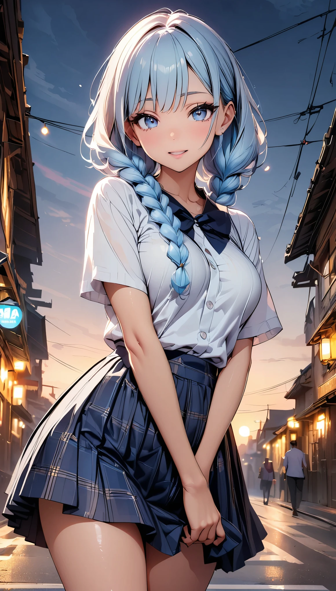 (highest quality, 8k, 4k, High resolution, masterpiece:1.2), Super detailed, beautiful illustrations, Bright colors, Lens flare, natural light, one person, woman, beautiful face details, beautiful eyes, long eyelashes, soft lips, (small face), (light blue hair, fluffy braids, light blue eyes), perfect face, shiny skin, (beautiful breasts), open your mouth and laugh:1.2, (plaid dress:1.2, Neat), (gaze looking at the viewer, cowboy shot), roof of the building, The lights of the city spread out below, Light and shadow with attention to detail, background bokeh.