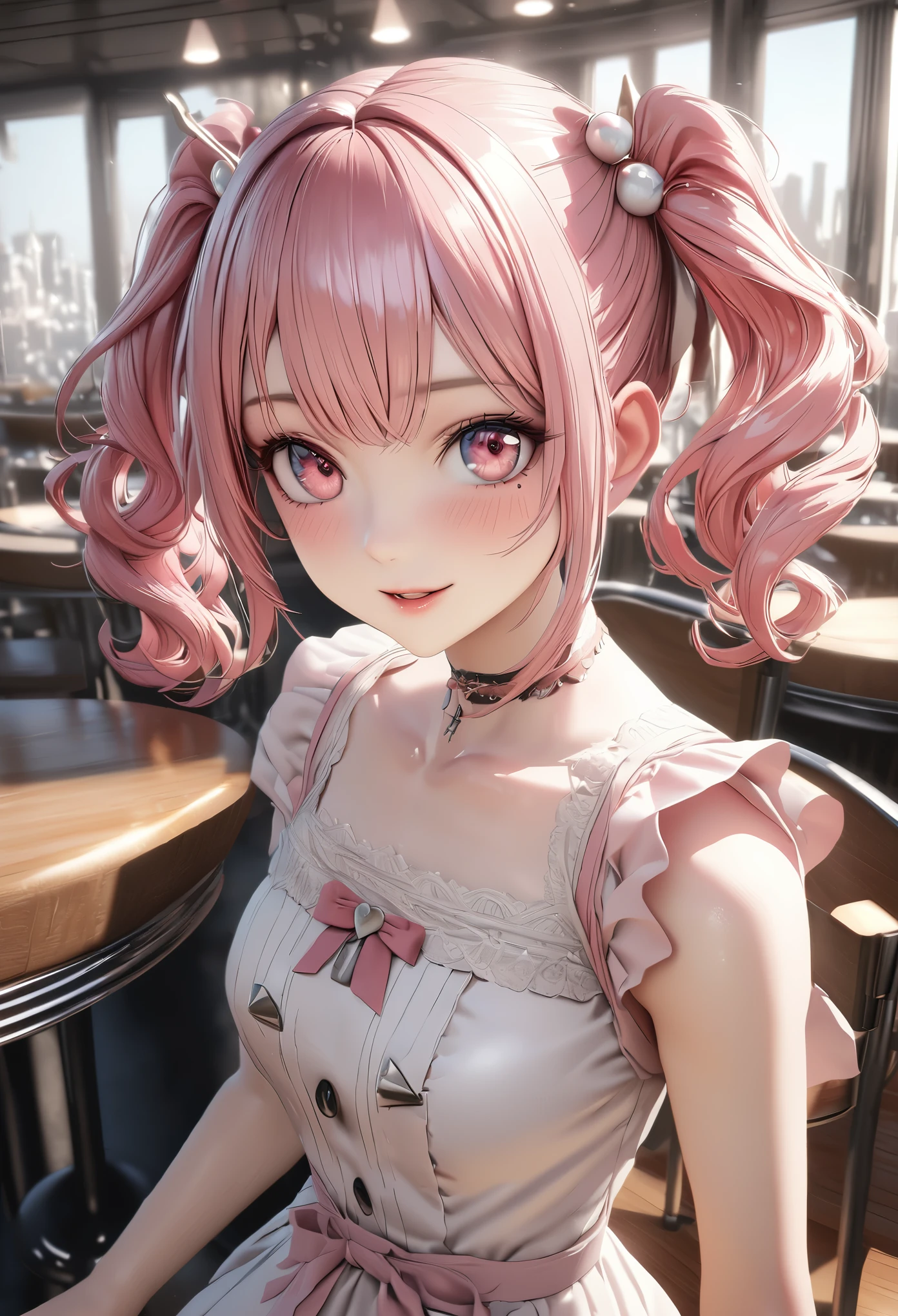 highest quality, highest quality, Super detailed, High resolution, High resolution, HDR, 4k, 8K, unity 8k wallpaper, Detailed CG, masterpiece, realistic, photorealistic, 2D, 3D, beautiful details, depth, fine texture , super fine: 1.3, Fully focused, Crispy.skin, .he,
Very cute anime girl with pigtails hair in a pink bun dressed like a doll, smile,one girl,he女の名前はミラです, alone, pink hair,, mole under the eyes, looking at the viewer, dress, cafeteria、heと待ち合わせ、blush, 白いdress, mole, parted lips, hair ornaments, heart, pink eyes, choker
