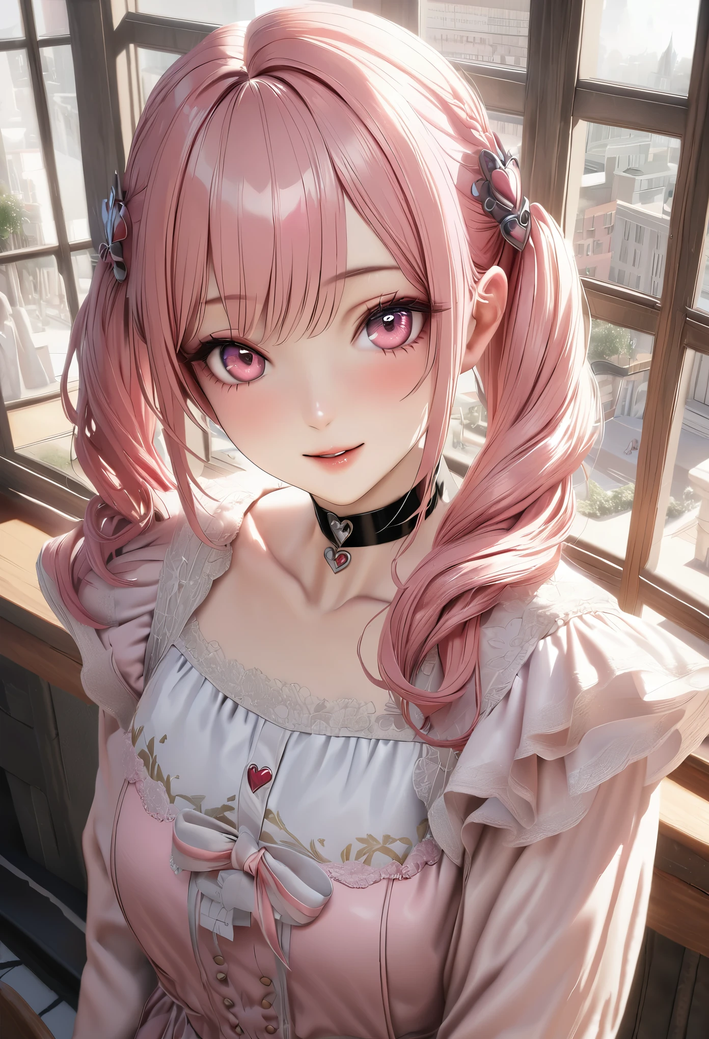 highest quality, highest quality, Super detailed, High resolution, High resolution, HDR, 4k, 8K, unity 8k wallpaper, Detailed CG, masterpiece, realistic, photorealistic, 2D, 3D, beautiful details, depth, fine texture , super fine: 1.3, Fully focused, Crispy.skin, .he,
Very cute anime girl with pigtails hair in a pink bun dressed like a doll, smile,one girl,he女の名前はミラです, alone, pink hair,, mole under the eyes, looking at the viewer, dress, cafeteria、heと待ち合わせ、blush, 白いdress, mole, parted lips, hair ornaments, heart, pink eyes, choker