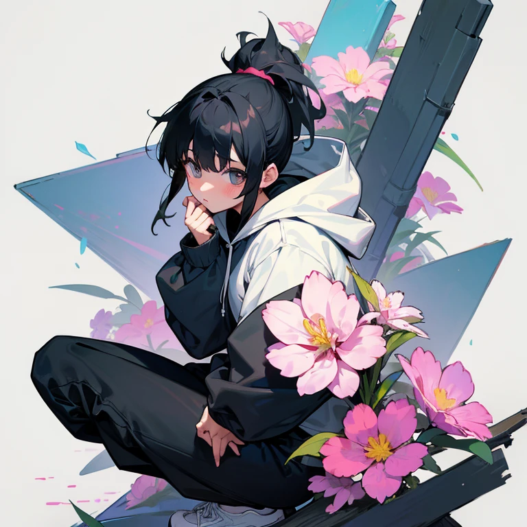 black hair、girl、ponytail、squat、hoodie、flower