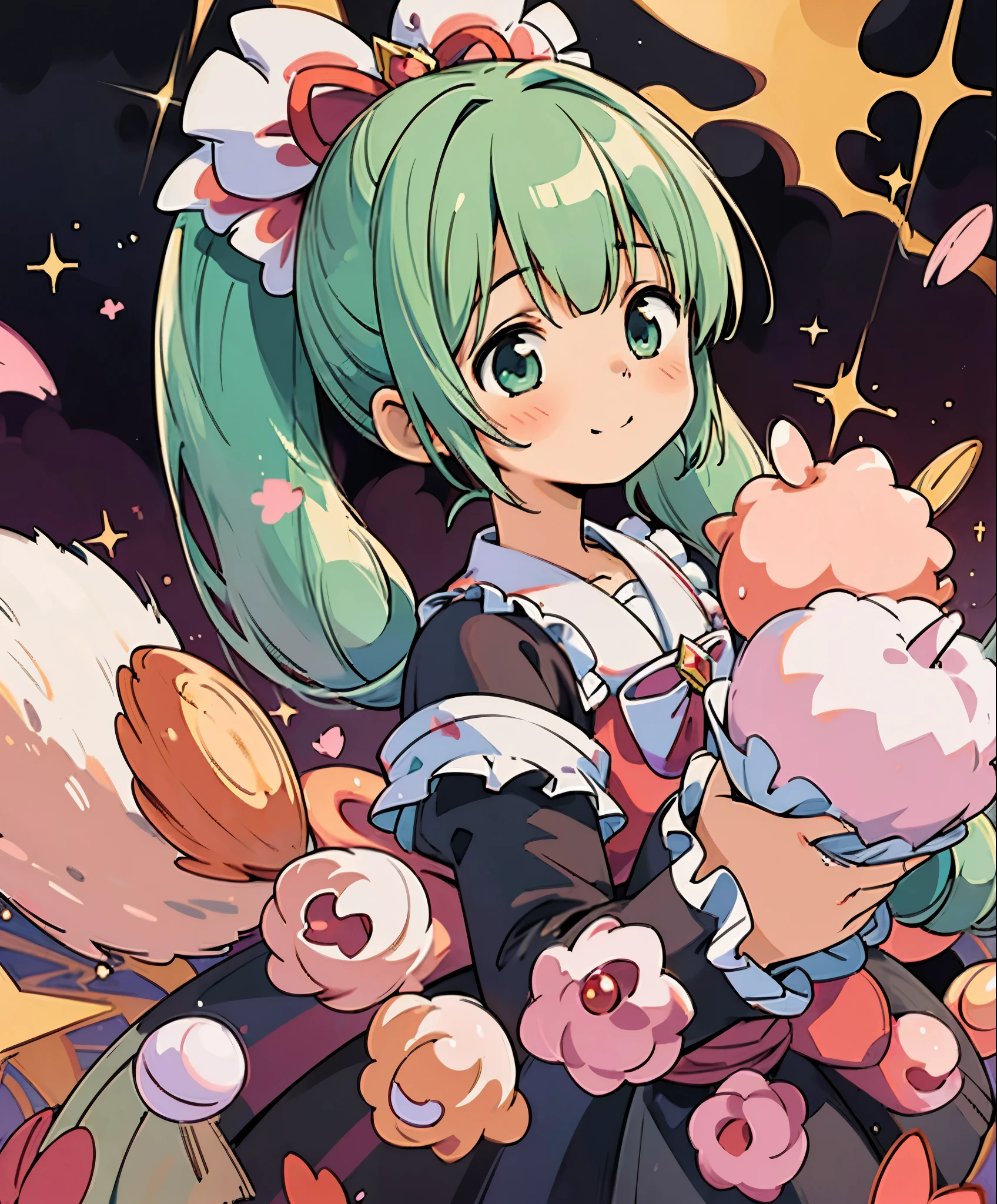 (masterpiece、highest quality、highest quality、official art、beautiful beautiful:1.2)、(1 girl:1.3)Hatsune Miku、twin tails,big breast dramatic composition, court style dress up, royal, nice, カスケードfrills, frills, bow, crystal chandelier, roman style curly hairstyle, to place, double ponytail like a drill, look at the camera, bangs, maximalism, palace background, Delicate depiction of hair and eyes, princess dress, nice skirts, flowers in hand, smile, starry eyes, cinematic light, extreme details, High resolution, happy girl, very long hair, diamond, broken diamond, junction chip, particles of light