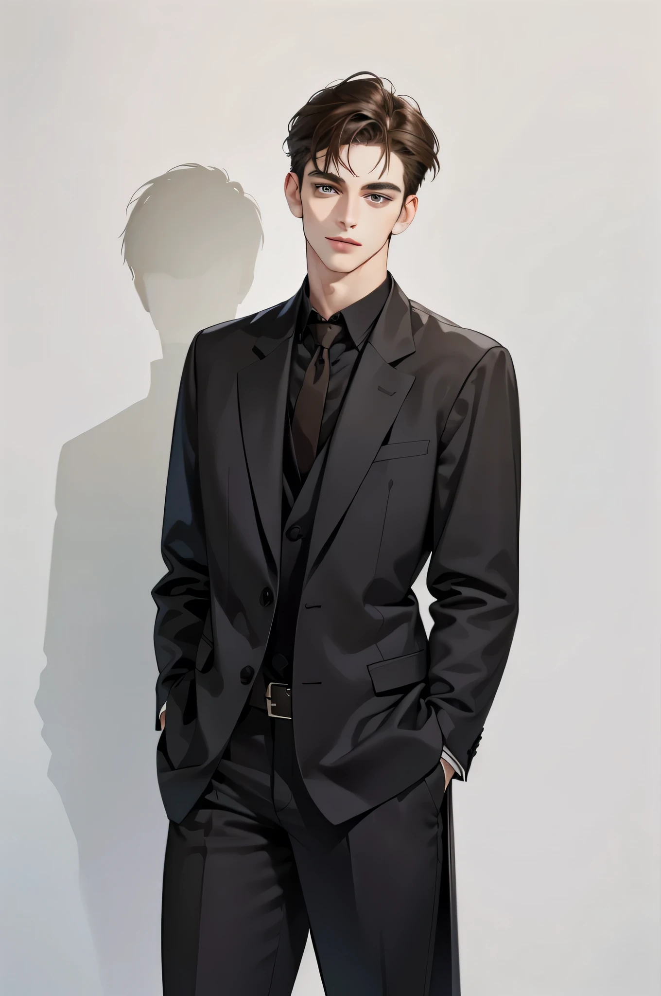 masterpiece, best quality, realistic, 1man, mature male, quiet and charming young man, 25 year old, serious look, closed mouth, portrait, extremely detailed face, cold smile, ((dark grey eyes)), ((short-right-swept dark brown hair)), [thick eyebrows], ((suit)), handsome, full body, western, Jewish, light brown skin,