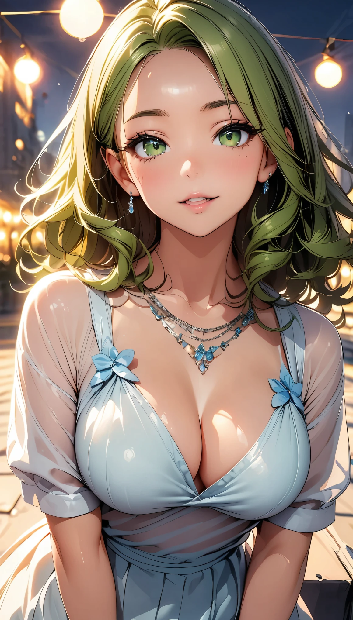 (highest quality, 8k, 4k, High resolution, masterpiece:1.2), Super detailed, beautiful illustrations, Bright colors, Lens flare, natural light, one person, woman, beautiful face details, beautiful eyes, long eyelashes, soft lips, (small face), (green hair, wavy hair, green eyes), perfect face, shiny skin, (beautiful breasts), open your mouth and laugh:1.2, (evening dress:1.2, Neat), (gaze looking at the viewer, cowboy shot), roof of the building, The lights of the city spread out below, Light and shadow with attention to detail, background bokeh.
