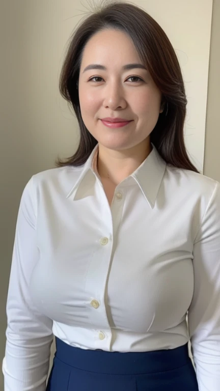 ((highest quality, 8K, masterpiece, portrait: 1.3)), (looking at the viewer), (full shot:0.85), attractive business mature woman, 1 person, a little chubby:0.35, white collared shirt, gray skirt,((big breasts 1.6)) (big pelvis:0.3), (officeの机にあぐらをかいて座っている)), smile:0.2, president'office,good posture、
