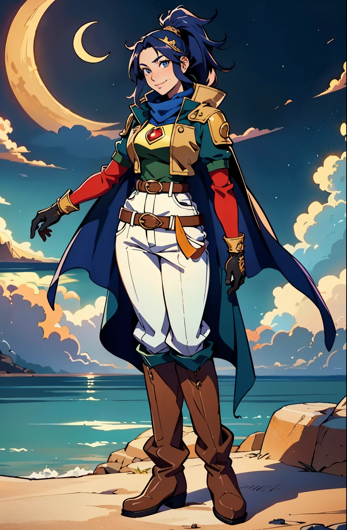 A girl with long indigo hair, a high ponytail, a headband adorned with crescent moon decorations, bright round eyes, a cheerful smile, a curious expression, a fantasy-style adventurer's coat with a short hem, houlder extensions forming a cape cloak, fabric gloves, a multifunctional belt, coarse cloth trousers, knee-high leather boots, a wilderness backdrop of Akira Toriyama's style, this character embodies a finely crafted fantasy-style adventurer in anime style, exquisite and mature manga art style, high definition, best quality, highres, ultra-detailed, ultra-fine painting, extremely delicate, professional, perfect body proportions, golden ratio, anatomically correct, symmetrical face, extremely detailed eyes and face, high quality eyes, creativity, RAW photo, UHD, 32k, Natural light, cinematic lighting, masterpiece-anatomy-perfect, masterpiece:1.5