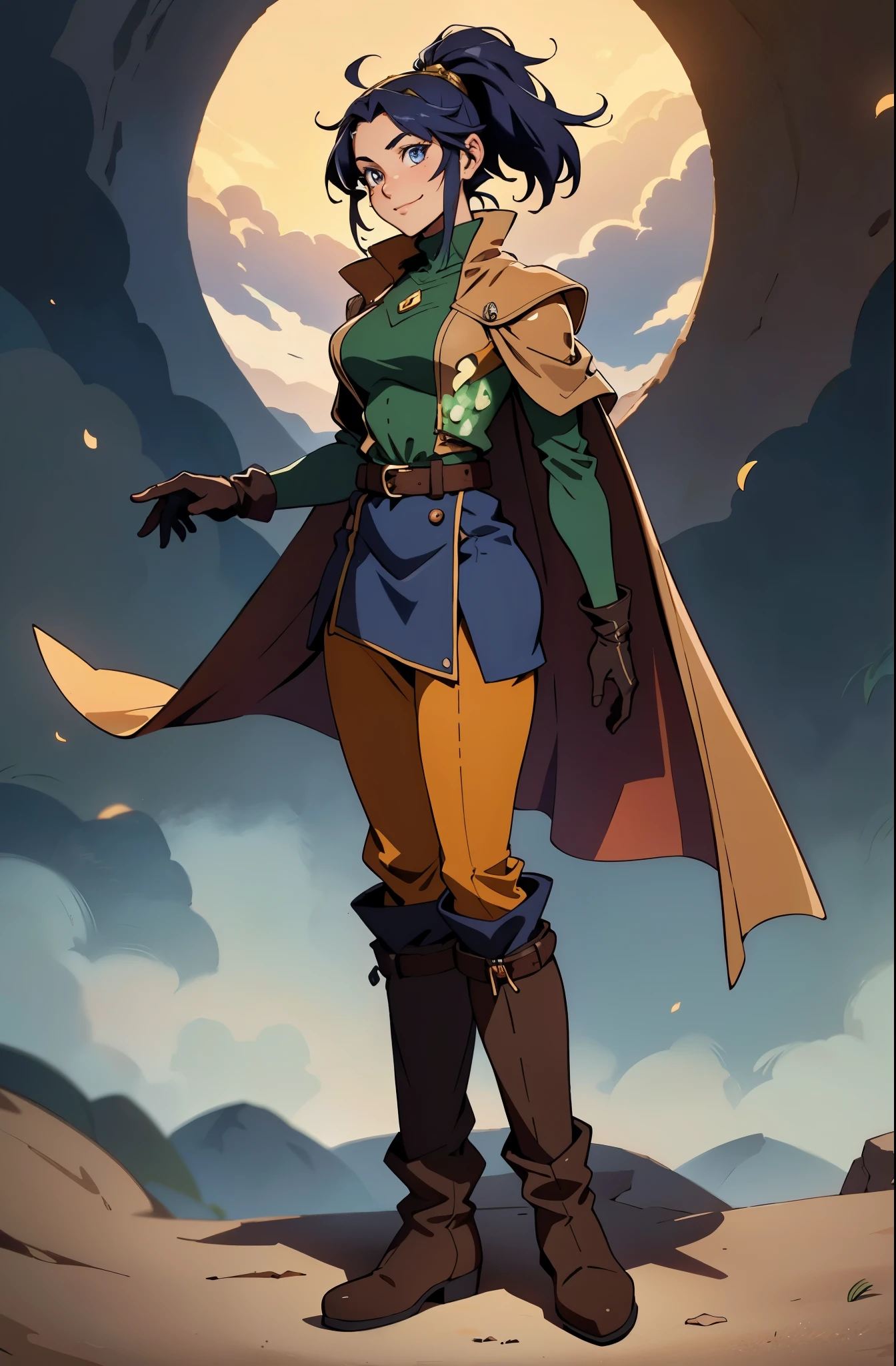 A girl with long indigo hair, a high ponytail, a headband adorned with crescent moon decorations, bright round eyes, a cheerful smile, a curious expression, a fantasy-style adventurer's coat with a short hem, houlder extensions forming a cape cloak, fabric gloves, a multifunctional belt, coarse cloth trousers, knee-high leather boots, a wilderness backdrop of Akira Toriyama's style, this character embodies a finely crafted fantasy-style adventurer in anime style, exquisite and mature manga art style, high definition, best quality, highres, ultra-detailed, ultra-fine painting, extremely delicate, professional, perfect body proportions, golden ratio, anatomically correct, symmetrical face, extremely detailed eyes and face, high quality eyes, creativity, RAW photo, UHD, 32k, Natural light, cinematic lighting, masterpiece-anatomy-perfect, masterpiece:1.5