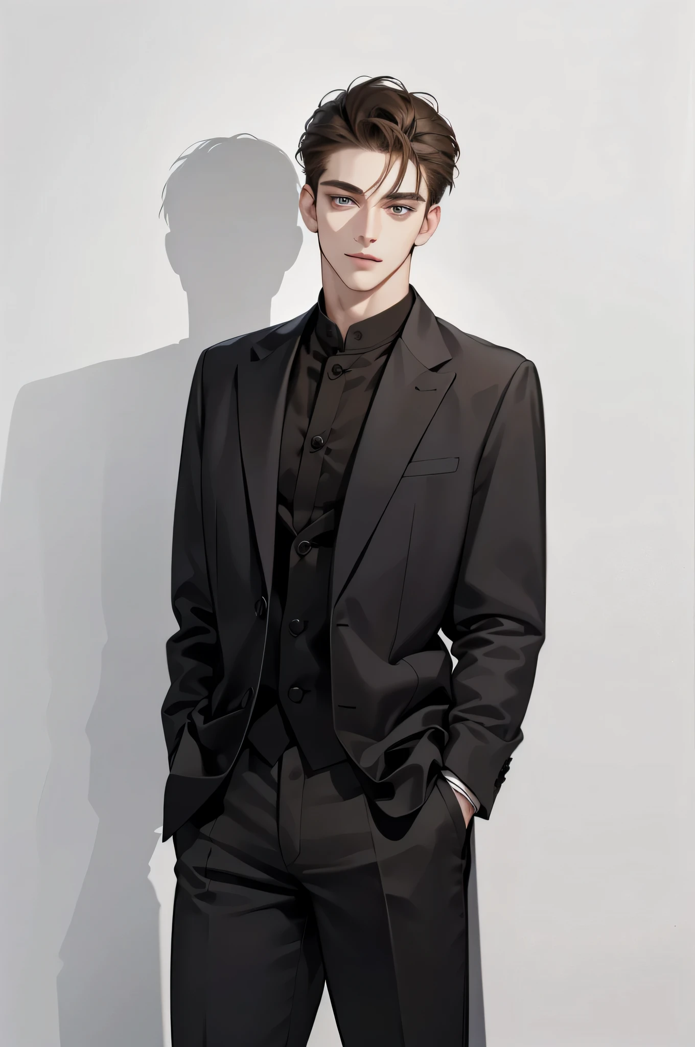masterpiece, best quality, realistic, 1man, mature male, quiet and charming young man, 25 year old, serious look, closed mouth, portrait, extremely detailed face, cold smile, ((dark grey eyes)), ((short-right-swept dark brown hair)), [thick eyebrows], ((suit)), handsome, full body, western, Jewish, light brown skin,