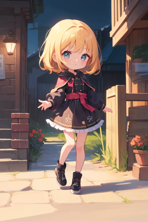 ((((ultra illustration style:1.0)))),highest quality,best animation,masterpiece,ray tracing, global illumination,,Chibi,1 girl, alone, Are standing,full body, looking at the viewer, outdoor,put your hand on your waist, 
 