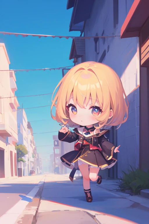 ((((ultra illustration style:1.0)))),highest quality,best animation,masterpiece,ray tracing, global illumination,,Chibi,1 girl, alone, Are standing,full body, looking at the viewer, outdoor,put your hand on your waist, 
 