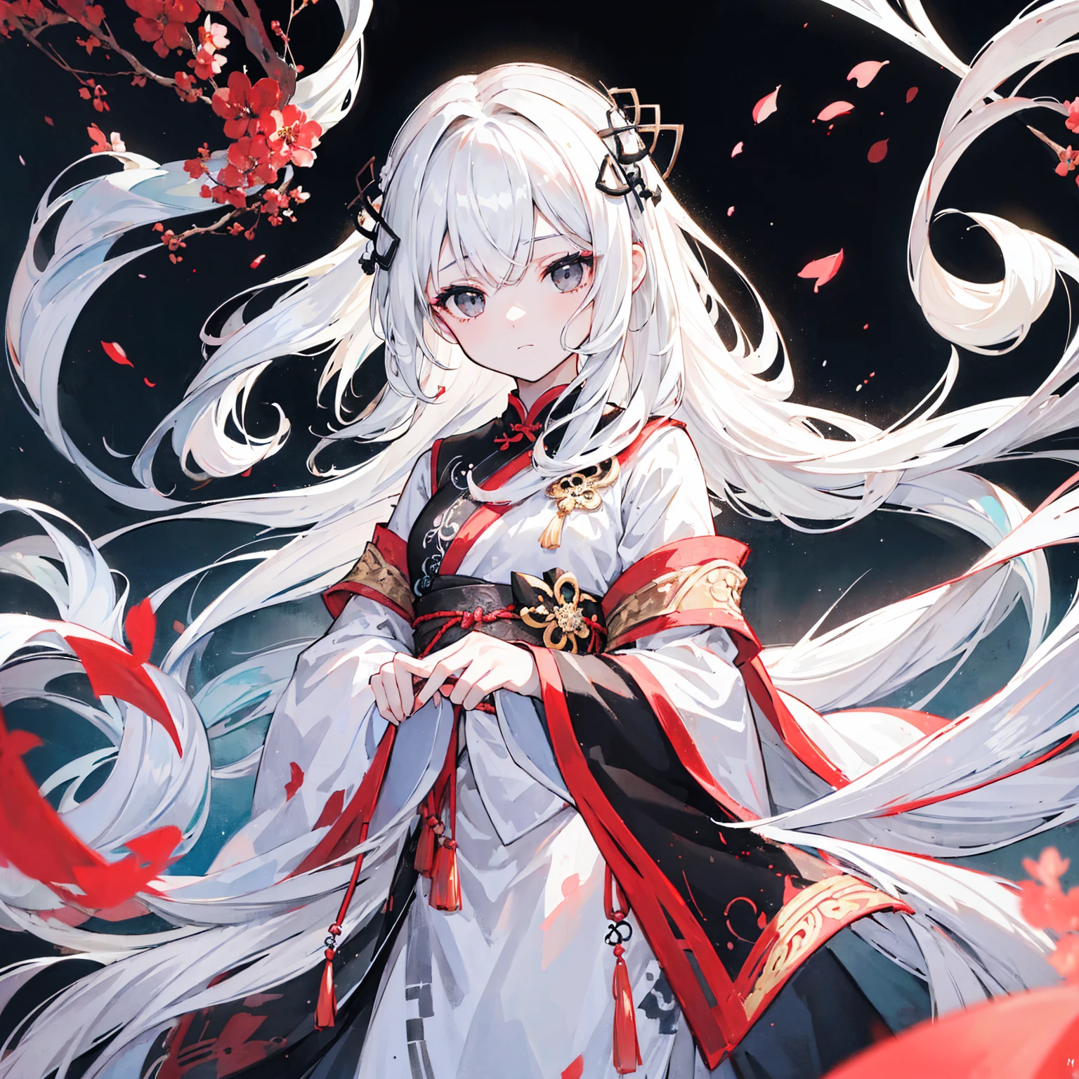 (white long hair:1.5), (beautiful black eyes:1.5),{{{{{{{illustration }}}}}}}, 1girl, [Ancient palace background, chinese dragon, watercolor,], chinese dragon hanfu, {{female focus on, lens 135mm f1.8}}, {{color Ink wash painting)}, {{ink splashing}}, {{color splashing}}, {{{colorful}}}, {{sketch}}, Masterpiece, best quality, beautifully painted