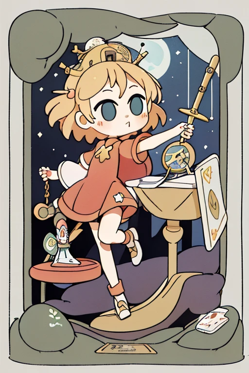 (tarot card:1.8),the justice\(tarot card\),#Quality(8k,best quality,masterpiece,cinematic),solo, #1girl(cute, kawaii,,there is crown on head,blond hair,her right hand holding a sword:2.0,her left hand holding a balance scale:1.6,she is wearing red dress,full body),#background(simple, gothic room),from front,(at the bottom written txt:"THE JUSTICE")