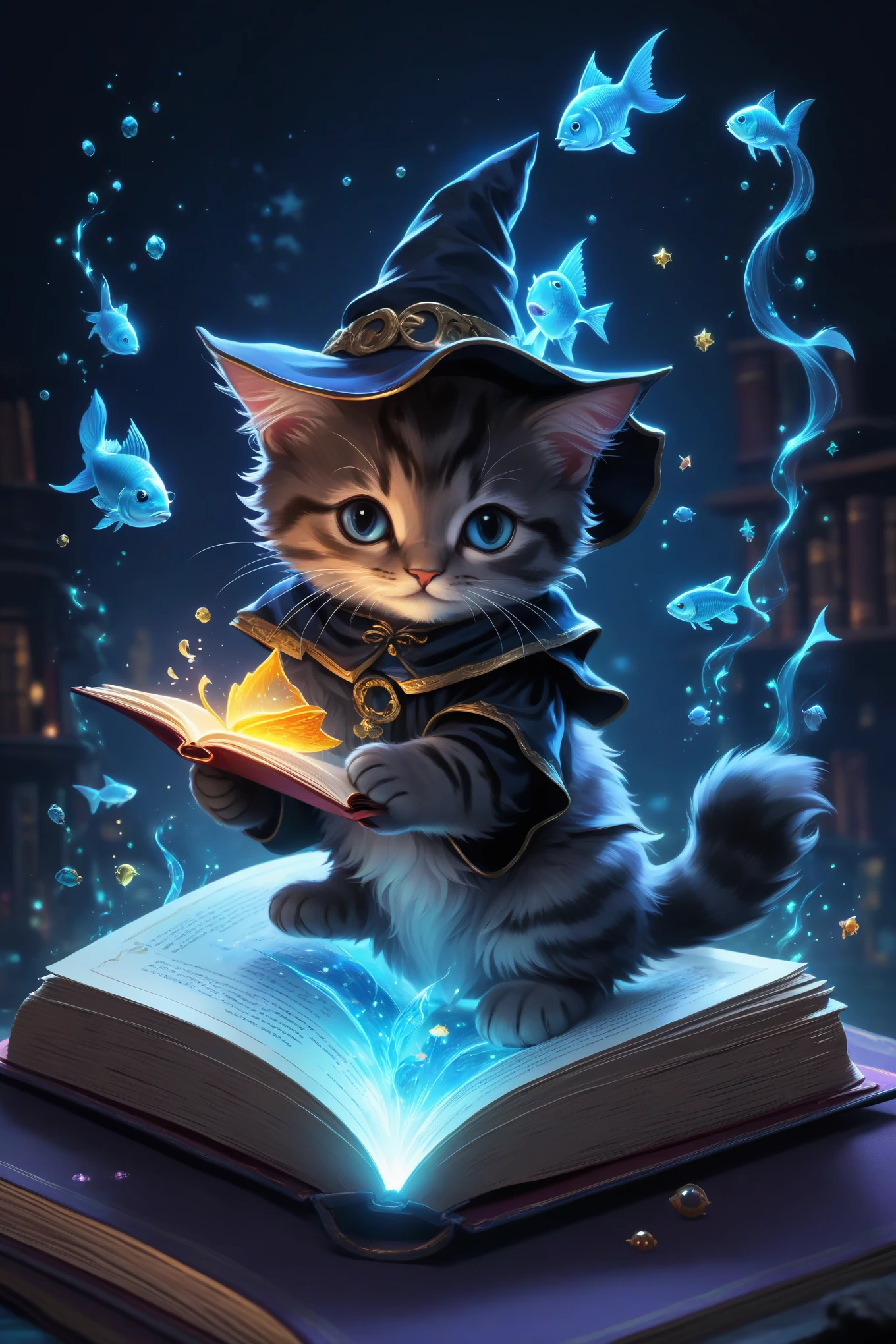 amazing quality, masterpiece, best quality, Super detailed, Super detailed, ultra high definition, perfect anatomy, magical world, (kitten and fish:1.4), Fish in the air, spell magic to get fresh fish as food,( Fish jumping out of the magic book:1.3), energy flow, The whole body of a cute kitten, kawaii, wearing witch robes, witch hat, holding magic book, Magic book in one hand, spell magic, Very detailed, glowing neon light, luminescent,