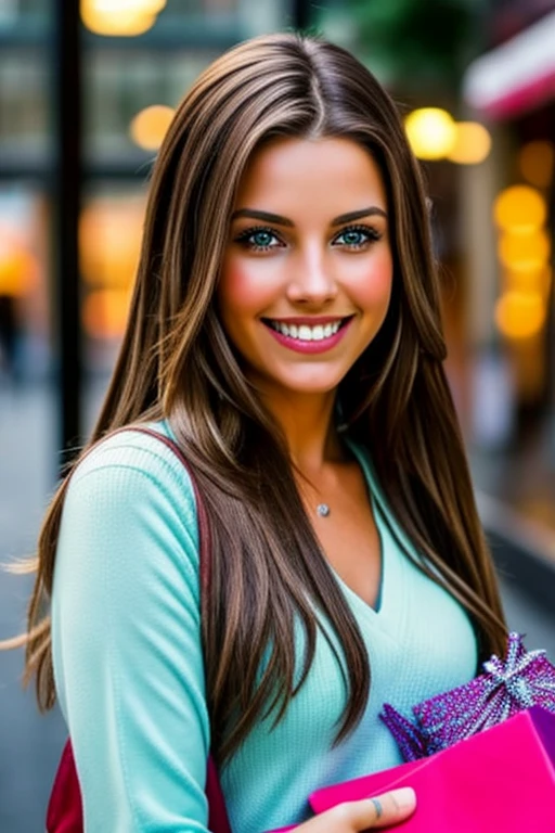 Una chica muy sexy, long light brown hair, ojos azul claro,  ,muy sexy y realista , tiene hechas las trenzas  .cuerpo completo ,He laughs and looks at the camera with 3 bags of gifts.  , a buenos aires 